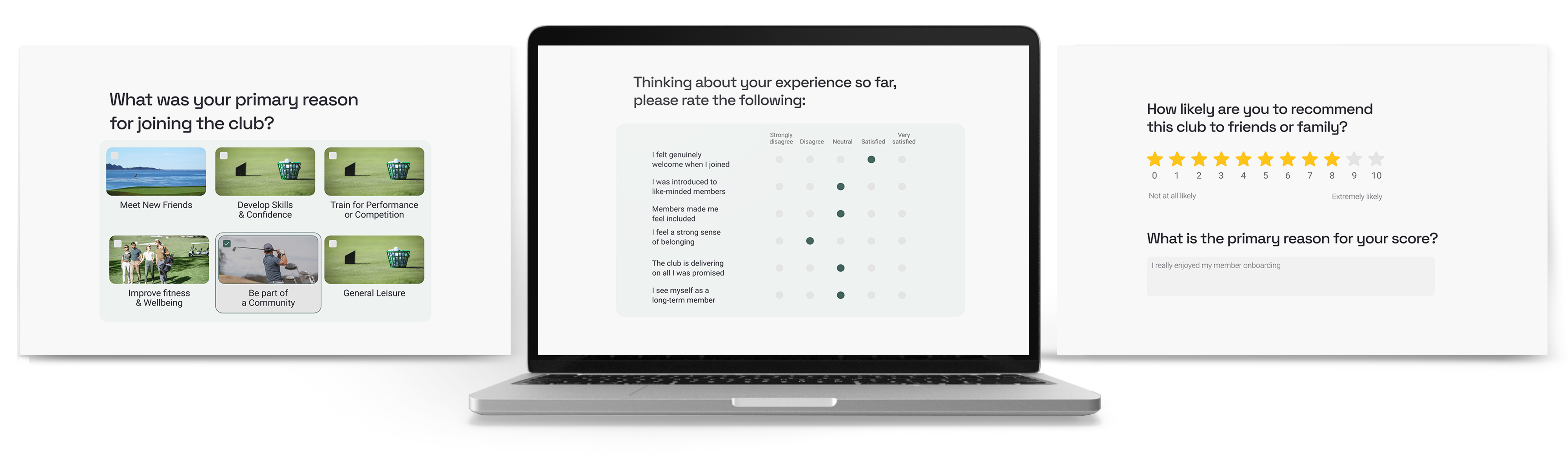 59club Surveys - three laptop screens displaying a survey flow of three membership questions